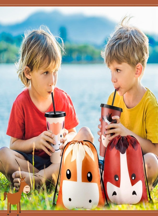 Mifoci 24 Pcs Horse Party Favors Supplies 12 Plastic Cups with Lids and Straws and 12 Drawstring Backpack 24oz Reusable Tumble Water Bottles Bag for Horse Themed Party Decorations - Image 4